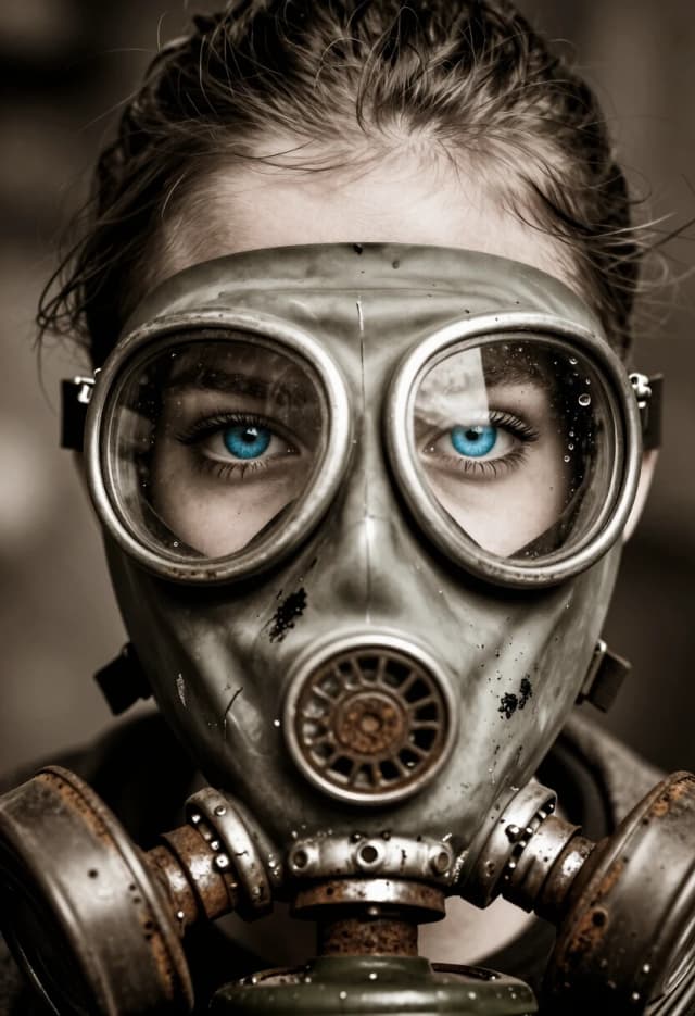 Grainy Sepia, Extreme portrait, Full-screen eyes, face popping out of the frame of the screen. close-up of a fragile, beautiful 15-year-old young woman in a battered vintage industrial, rusty and cracked gas mask of large size. The contrast is striking: the mask is a ruin of scratched rubber, rusty metal filters, and thick patches of black grease and soot, while her skin is flawless, pale, and radiant. Her slightly slanted eyes are expertly outlined with mascara, her eyebrows are finely defined and well-groomed, and her eyes are a vibrant blue. Through the glass lenses, you can see her large expressive eyes reflecting the dim, smoky factory environment, in which vulnerability and strength are felt. Tiny droplets of condensation on the glass. Soft, volumetric lighting with dust particles dancing in a single beam of light illuminates her clear complexion. The detailed pores of her skin, a few stray strands of hair stuck to her damp forehead. 8k resolution, cinematic photorealism, rough industrial aesthetics combined with feminine grace, the picture was taken with an 85mm lens, clear focus on the eyes, moody and atmospheric.