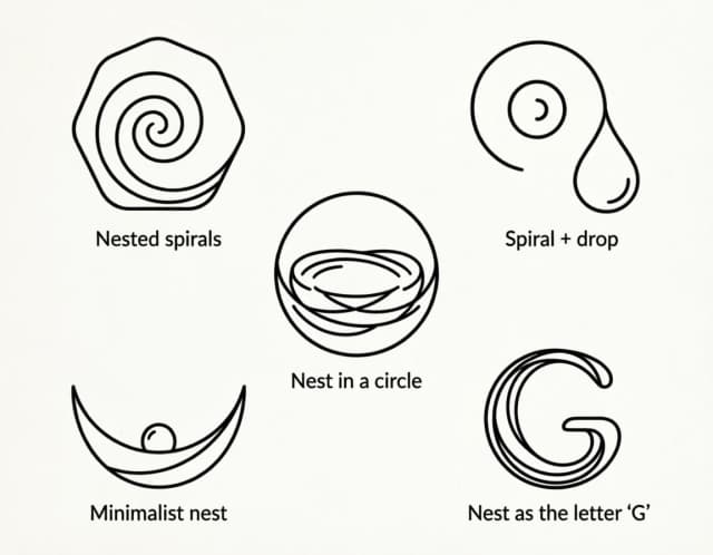 Create 5 vector-style logo concepts for the perfume brand "Gnezdovje" based on the following description (Group 1: The Nest as an Archetype):
1.	Nested spirals — three concentric spirals radiating from the center, mimicking the layers of a nest. The spirals form a hexagon (honeycomb shape) in the middle. Style: linear, 1.5px stroke, fine elegant lines.
2.	Spiral + drop — a spiral on the left and a drop of aromatic oil on the right, merging into one another. This alludes to both the craft (the coiling motion) and perfumery.
3.	Nest in a circle — a classic nest (three or four intersecting lines) enclosed within a perfect circle. The circle symbolizes a closed cycle and the nature of the craft.
4.	Minimalist nest — two arcs forming a bowl shape (a top-down view of a nest). Inside, there is a dot or a very fine line representing an egg or a seed.
5.	Nest as the letter "G" — the initial letter of "Gnezdovje" transformed into a nest. Spirals form the outline of the "G," with open space in the center.