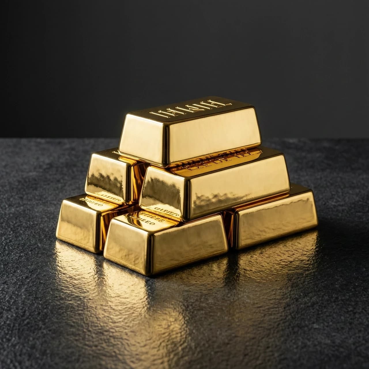 Photorealistic vertical 9:16 image of stacked gold bars on a dark surface, dramatic lighting, reflections, no text, no people.