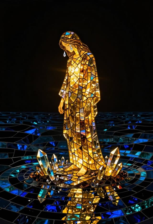 A mesmerizing surreal mosaic artwork in the style of a radiant stained glass masterpiece. The scene depicts a single figure—a lonely soul—standing on a small, floating island of iridescent crystals amidst a vast, dark ocean of obsidian glass. The entire figure is composed of glowing, translucent amber and gold glass fragments, emitting a warm, pulsing light that struggles against the oppressive surrounding darkness.

The character's posture is one of profound solitude, head bowed, with a single tear rendered as a brilliant, sparkling diamond shard falling from their cheek. The surrounding "water" is a mosaic of deep midnight-blue and black glass tesserae, reflecting the lonely golden glow of the figure like a dark mirror.

The lighting is focused and intense, with the primary light source coming from within the character's chest, creating a powerful, warm radiance that softly illuminates the edges of the obsidian waves. The contrast is stark: the blinding brilliance of the golden soul against the absolute, velvety black of the void. Every shard of glass is rendered with hyper-realistic precision, creating a tactile, shimmering texture of divine loneliness.

*Keywords: internal luminescence, golden glass mosaic, obsidian void, solitary soul, diamond tear, high-contrast radiance, iridescent amber, spiritual loneliness, stained glass art, hyper-realistic gemstone textures, volumetric warm glow, deep contrast between gold and obsidian.