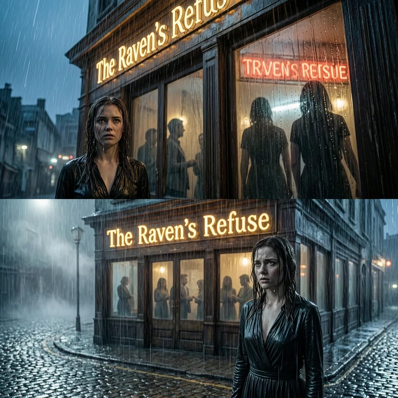 Cinematic mid-distance shot, 8k resolution, heavy film grain, dark fantasy noir aesthetic. A young woman stands motionless across a rain-slicked, uneven cobblestone street from a dimly lit, atmospheric bar named “The Raven’s Refuge.” She is completely soaked, her dark garments clinging to her skin, shoulders tense with unspoken tension, yet her gaze remains unwavering, piercing, and emotionally charged. Through the condensation-covered, grime-streaked glass of the bar window, soft-focus silhouettes of people move within, representing the family she both loves and fears, rendered in a dreamy, ethereal blur. A flickering, weathered neon sign above the entrance hums with electrical instability, casting rhythmic, pulsing waves of amber and warm crimson light that clash violently against the deep, moody indigo and teal shadows of the heavy downpour. The atmosphere is thick with volumetric haze, swirling street mist, and sharp, crystalline rain streaks that catch the light like falling diamonds. High contrast, dramatic chiaroscuro lighting with deep blacks and brilliant highlights; shallow depth of field with exquisite, creamy bokeh from the distant city lights. Hyper-detailed textures: the glistening, reflective wet asphalt, individual droplets cascading off her hair and eyelashes, the weathered grain of the bar's wooden facade, and the tactile roughness of the stone walls. Mood: a profound sense of cinematic suspense, resolve clashing with vulnerability, the breathless, heavy moment of an inevitable choice. Style reminiscent of Blade Runner and The Night Circus
