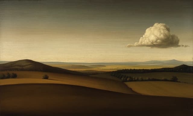 Пейзаж в стиле Раннего Возрождения. Равнинный пейзаж, легкая дымка, вдалеке справа на горизонте видно грозовое облако, картина маслом в стиле Джотто.