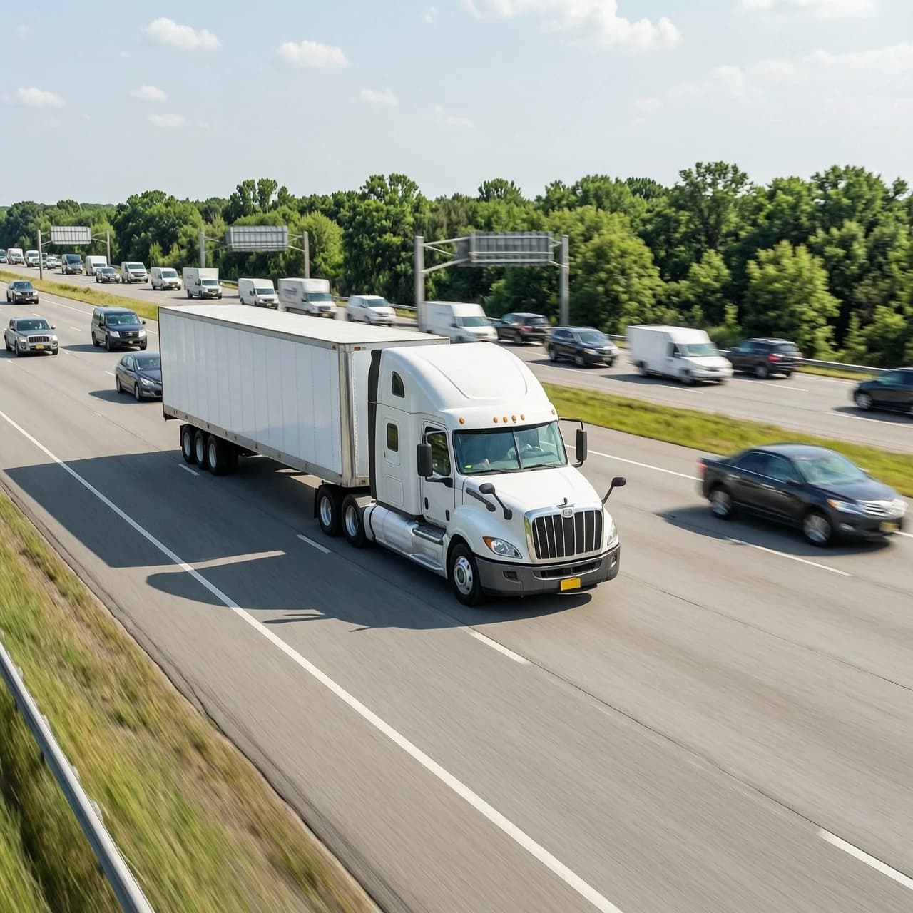 The same semi-truck drives on a highway merging into traffic. Time-lapse effect, motion blur, daytime.