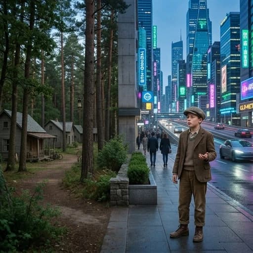 Изображение - в полном цвете. Нарисуй в правой части изображения ребенка лет 10-12, который стоит и потерянно оглядывается по сторонам. Одет ребенок в стиле 30-х годов 20 века. На фоне вокруг ребенка - ультрасовременный город 21 века с домами из стали, стекла и бетона. Город - с преобладанием стиля neon. В левой части кадра виден лес и небольшие деревянные дома 30-х годов 20 века. Переход от леса к бетонному городу - плавный.