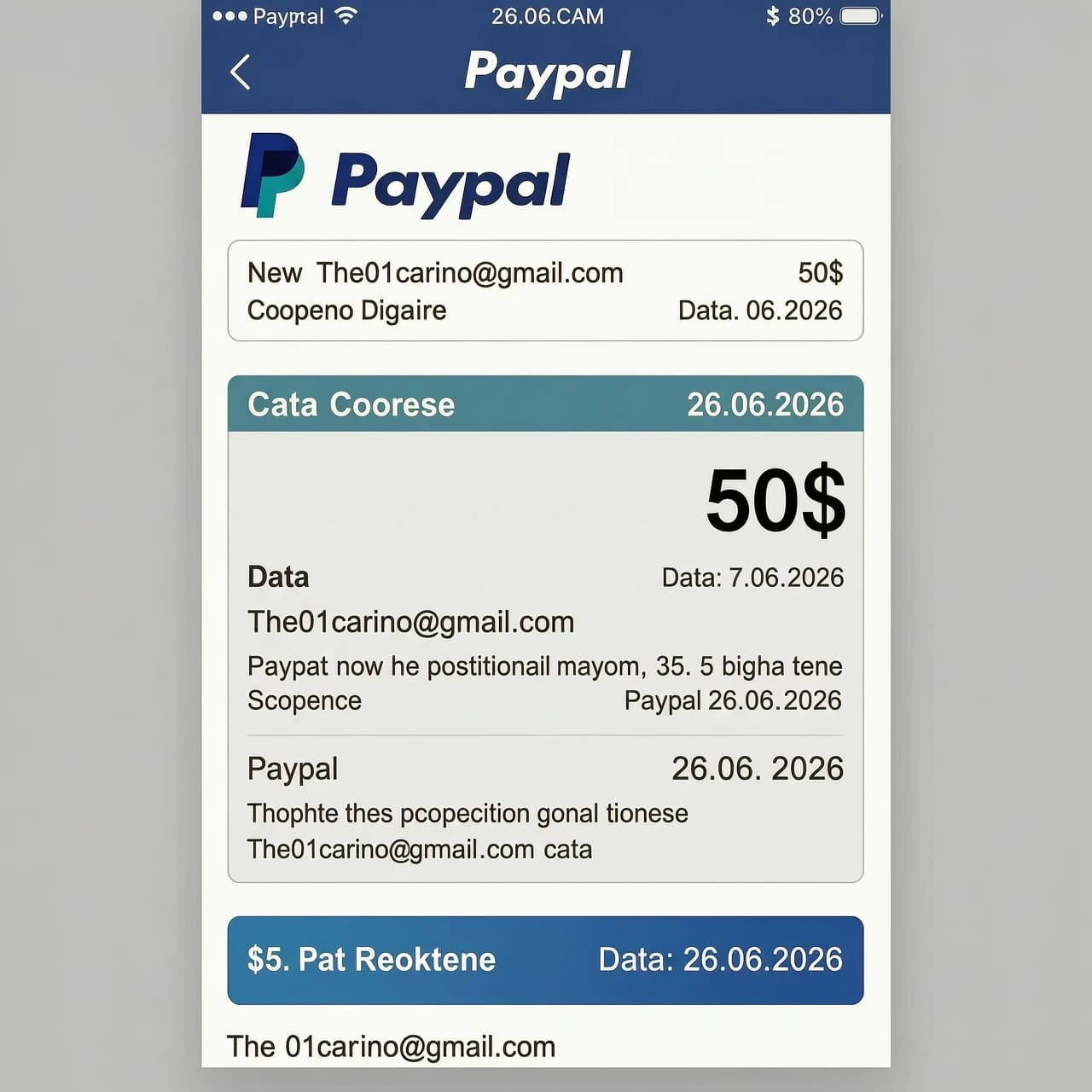 Скриншот счета Paypal по адресу The01carino@gmail.com на сумму 50$ дата 26.06.2026