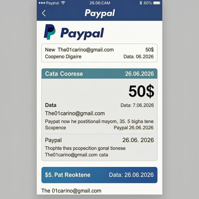 Скриншот счета Paypal по адресу The01carino@gmail.com на сумму 50$ дата 26.06.2026