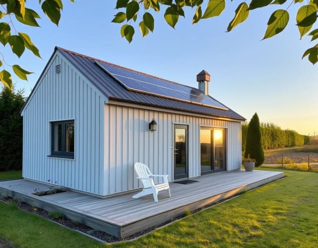 Modern small single-story country frame house, light gray wood facade, cozy terrace with chairs, solar panels, nice garden setting, afternoon sun, realistic.