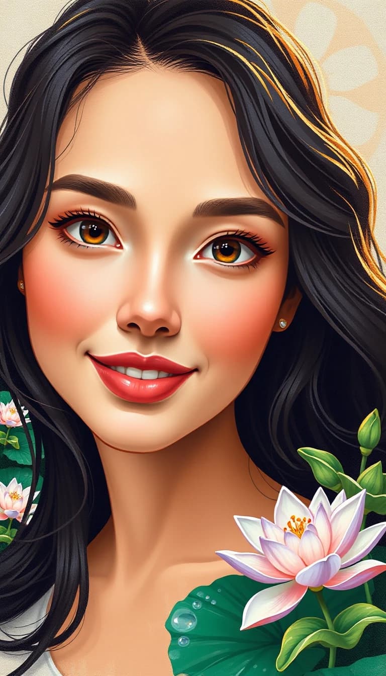 a young woman of the Caucasian type with bright, expressive facial expressions and expressive facial features. The face is rounded, with soft contours and noticeable, but not sharp, cheekbones; the shape gives the face a benevolent appearance, with a medium-height forehead that is smooth and without deep wrinkles; the hairline is smooth and framed by light strands. The eyebrows are neat and arched, with a medium width, emphasizing the emotional nature of the gaze. The eyes are large and almond-shaped, with an open and lively expression. straight nose, with a thin back and a neat tip; medium-full lips, curved in a wide smile; the outline is clear, the smile is open. fair skin, with an even tone and a natural blush; dark brown hair, wavy, and styled loosely; some of the strands frame the face, while others are gathered in a light, semi-collected hairstyle.
A masterpiece,  in the style of the 1980s, with bold lines, dynamic strokes and rich textures, on background with a touch of nostalgia, perhaps with subtle drawings inspired by cellulose and vintage, worn textures similar to paper,oil painting, woman standing by a lily pond, soft sunrise lighting, impressionist oil painting style, visible delicate brushstrokes, luminous water reflections, misty atmospheric depth, Claude Monet inspired color palette of lavender and pale green, painterly and dreamy