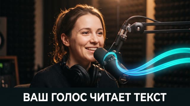 A cinematic close-up portrait of a smiling young woman with headphones around her neck, speaking into a studio microphone. From the microphone flows a graceful ribbon of luminous turquoise light that curves across the frame and splits into two identical parallel ribbons. Dark studio background, strong rim light, photorealistic, warm expressive face. No lettering anywhere in the scene. At the bottom, a clean horizontal banner with bold Russian text "Ваш голос читает текст", simple sans-serif, high contrast, occupying under 20% of the image, not covering the hero.