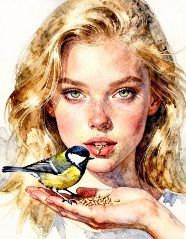 A masterpiece. Style: watercolour. (Image. A beautiful girl, a striking blonde with expressive gray‑green eyes and sharp facial features, is feeding a tit on her palm with wheat grains. At the same time, she herself does not eat wheat.):1.8. High quality. High resolution. Increased attention to small details and texture. Artist: Sergey Andriyaka.