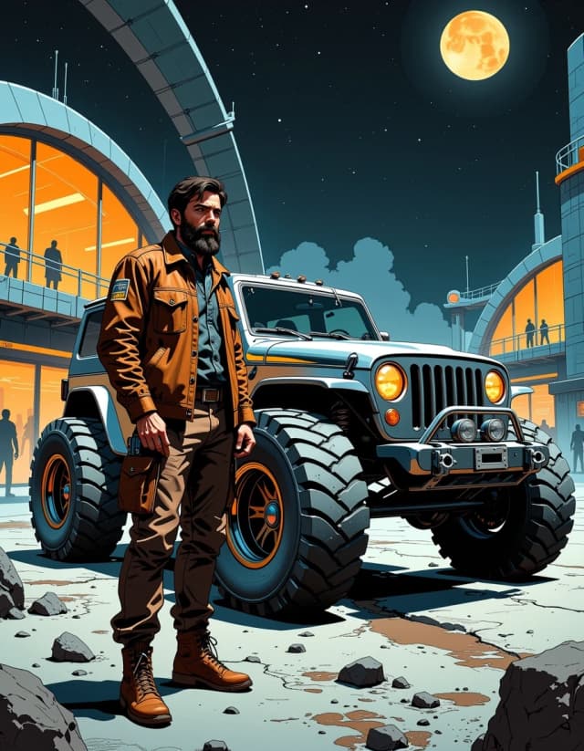 A masterpiece,  in the style of the 1980s, with bold lines, dynamic strokes and rich textures, on background with a touch of nostalgia, perhaps with subtle drawings inspired by cellulose and vintage, worn textures similar to paper, oil painting, A cinematic retro-futuristic scene: a rugged, bearded man in a worn brown leather jacket and cargo pants stands beside a gleaming chrome off-road vehicle with massive treaded tires, three-quarter low-angle view emphasizing scale and power. Polished metal reflects the curving lunar terminal lights and distant starfield; subtle scratches, smudges, and dust on metal, mud on tires, realistic leather texture and stitching on jacket, visible watch and utility belt. Background: sweeping arched spaceport architecture bathed in warm interior lights, people and small rovers in silhouette, a ringed moon visible in the night sky. Dramatic rim and moonlight mixed with warm artificial glow, volumetric light, soft fog near ground, high contrast, cinematic color grade—cool silvers and warm amber highlights. Hyper-detailed digital painting / photoreal concept art, sharp focal point on man and vehicle, shallow depth of field background, intricate reflections, realistic materials, ultra-high resolution, dynamic composition, moody adventurous atmosphere.