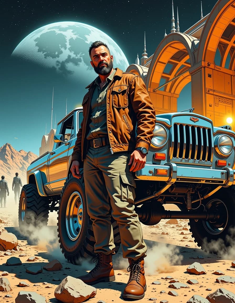A masterpiece,  in the style of the 1980s, with bold lines, dynamic strokes and rich textures, on background with a touch of nostalgia, perhaps with subtle drawings inspired by cellulose and vintage, worn textures similar to paper, oil painting, A cinematic retro-futuristic scene: a rugged, bearded man in a worn brown leather jacket and cargo pants stands beside a gleaming chrome off-road vehicle with massive treaded tires, three-quarter low-angle view emphasizing scale and power. Polished metal reflects the curving lunar terminal lights and distant starfield; subtle scratches, smudges, and dust on metal, mud on tires, realistic leather texture and stitching on jacket, visible watch and utility belt. Background: sweeping arched spaceport architecture bathed in warm interior lights, people and small rovers in silhouette, a ringed moon visible in the night sky. Dramatic rim and moonlight mixed with warm artificial glow, volumetric light, soft fog near ground, high contrast, cinematic color grade—cool silvers and warm amber highlights. Hyper-detailed digital painting / photoreal concept art, sharp focal point on man and vehicle, shallow depth of field background, intricate reflections, realistic materials, ultra-high resolution, dynamic composition, moody adventurous atmosphere.