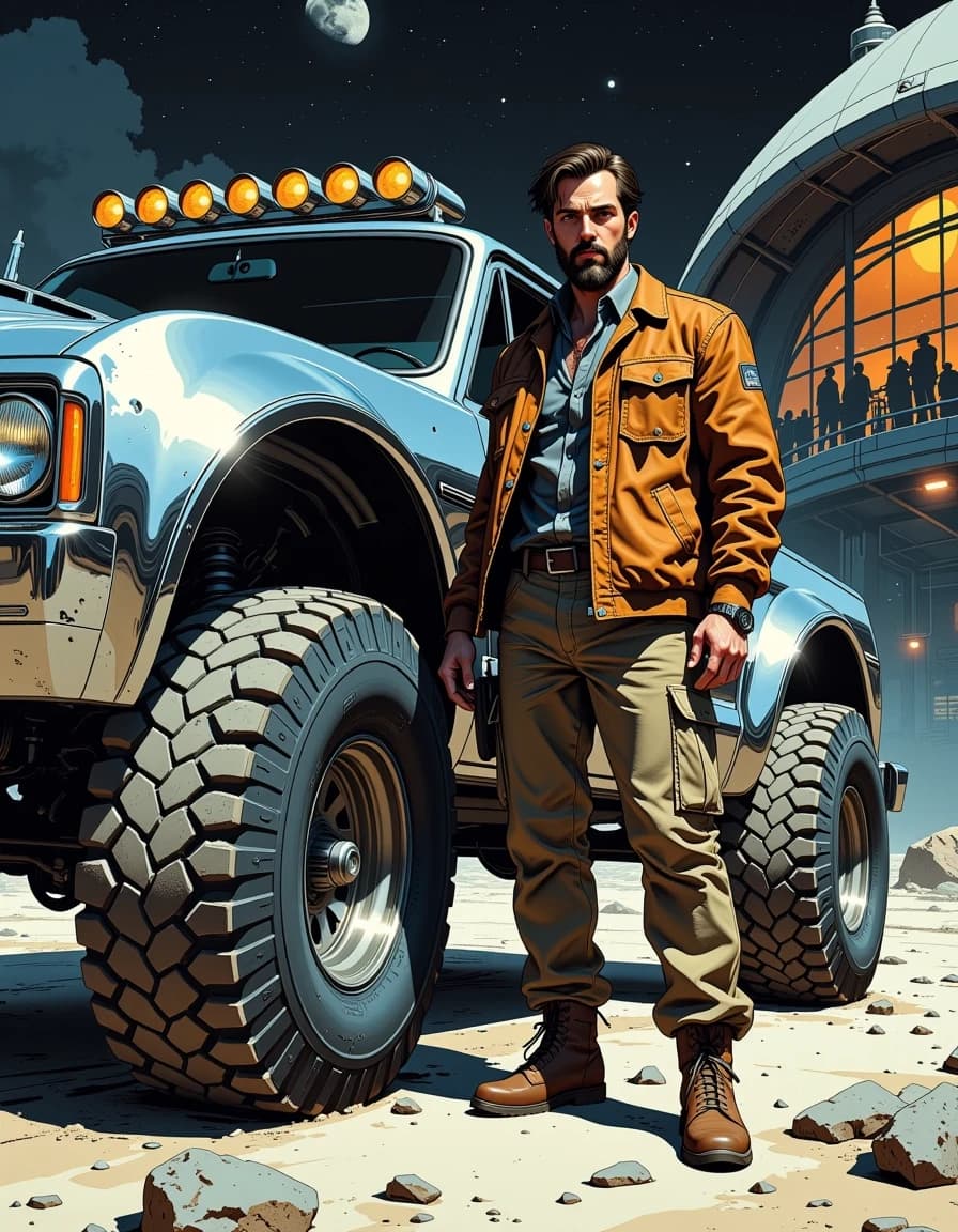 A masterpiece,  in the style of the 1980s, with bold lines, dynamic strokes and rich textures, on background with a touch of nostalgia, perhaps with subtle drawings inspired by cellulose and vintage, worn textures similar to paper, oil painting, A cinematic retro-futuristic scene: a rugged, bearded man in a worn brown leather jacket and cargo pants stands beside a gleaming chrome off-road vehicle with massive treaded tires, three-quarter low-angle view emphasizing scale and power. Polished metal reflects the curving lunar terminal lights and distant starfield; subtle scratches, smudges, and dust on metal, mud on tires, realistic leather texture and stitching on jacket, visible watch and utility belt. Background: sweeping arched spaceport architecture bathed in warm interior lights, people and small rovers in silhouette, a ringed moon visible in the night sky. Dramatic rim and moonlight mixed with warm artificial glow, volumetric light, soft fog near ground, high contrast, cinematic color grade—cool silvers and warm amber highlights. Hyper-detailed digital painting / photoreal concept art, sharp focal point on man and vehicle, shallow depth of field background, intricate reflections, realistic materials, ultra-high resolution, dynamic composition, moody adventurous atmosphere.