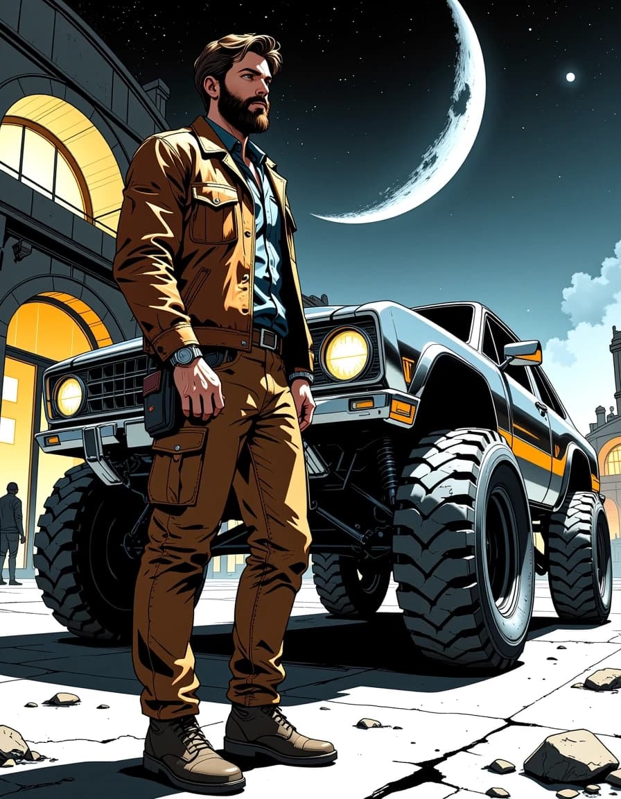 A masterpiece,  in the style of the 1980s, with bold lines, dynamic strokes and rich textures, on background with a touch of nostalgia, perhaps with subtle drawings inspired by cellulose and vintage, worn textures similar to paper, oil painting, A cinematic retro-futuristic scene: a rugged, bearded man in a worn brown leather jacket and cargo pants stands beside a gleaming chrome off-road vehicle with massive treaded tires, three-quarter low-angle view emphasizing scale and power. Polished metal reflects the curving lunar terminal lights and distant starfield; subtle scratches, smudges, and dust on metal, mud on tires, realistic leather texture and stitching on jacket, visible watch and utility belt. Background: sweeping arched spaceport architecture bathed in warm interior lights, people and small rovers in silhouette, a ringed moon visible in the night sky. Dramatic rim and moonlight mixed with warm artificial glow, volumetric light, soft fog near ground, high contrast, cinematic color grade—cool silvers and warm amber highlights. Hyper-detailed digital painting / photoreal concept art, sharp focal point on man and vehicle, shallow depth of field background, intricate reflections, realistic materials, ultra-high resolution, dynamic composition, moody adventurous atmosphere.