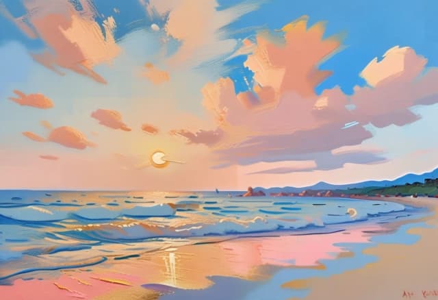 A lush, cinematic oil painting of a vibrant beach scene at golden hour, executed with heavy impasto technique and visible, expressive brushstrokes. The sky features a masterful gradient of soft apricot, coral, and pastel pink blending into a deep azure horizon, where thick, sculptural strokes of titanium white create fluffy, sun-drenched clouds. The sea is a masterpiece of light and motion, with vast, billowing waves in layers of ultramarine, cerulean, and vibrant turquoise; the water's surface is highly textured with shimmering, iridescent highlights that mimic the translucency of wet oil paint. The sand is rendered in rich, tactile layers of ochre, warm gold, and burnt umber, showing a thick, grainy texture with deep, sculpted shadows. In the mid-ground, sunbathers in crisp white linen and vivid cobalt blue swimwear are captured in dynamic, candid poses—some waving towels, others laughing—with their skin tones rendered in sophisticated gradations of warm tan, cream, and sun-kissed highlights. The lighting is dramatic and high-contrast, featuring a low-angle sun that casts long, soft shadows across the dunes and creates brilliant, sparkling specular highlights on the cresting waves and glistening skin. The overall atmosphere is one of warmth and sensory richness, emphasizing the heavy, buttery texture of the medium, the interplay of light through transparent glazes, and the lively, salt-aired energy of a summer afternoon.