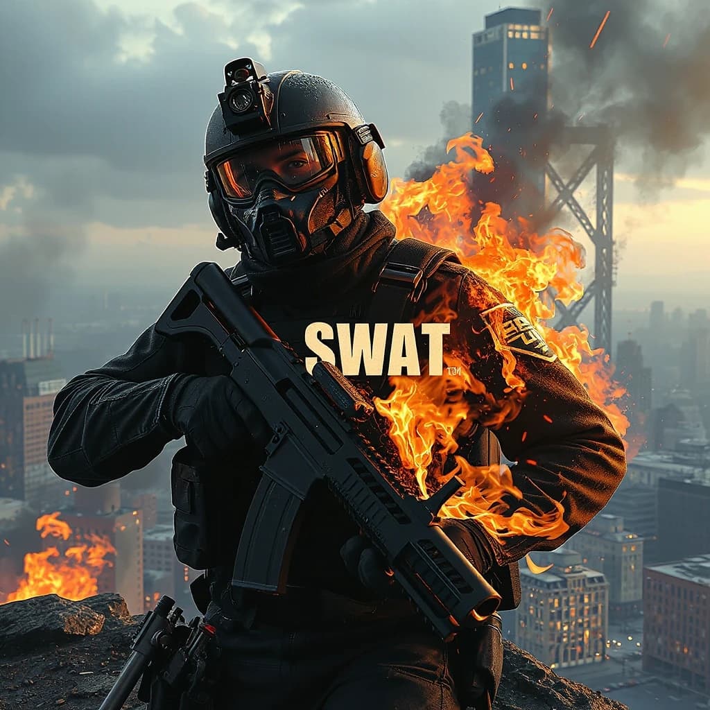 сделай картинку с надписью SWAT чтоб на заднем фоне был огонь и город