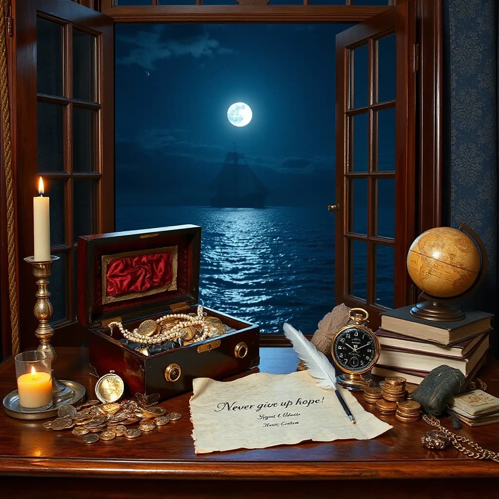 The window is open, and behind it is the night sea with the reflection of the moon, and in the distance the silhouette of a frigate. In front of the window is an antique 18th century mahogany table.on the table on the left is a casket with the lid open backwards. The casket contains gold coins, jewelry, pearl necklaces, and precious stones. On the left side of the casket is a candlestick with a burning candle and an open locket.gold coins. in front of the casket is a sheet of paper with uneven curved edges.It says Never give up hope. Signed below is the Count of Monte Cristo. to the right, an inkwell with a goose quill. Next to it, an old globe, stacks of coins, a stack of books, and a gold watch with a chain