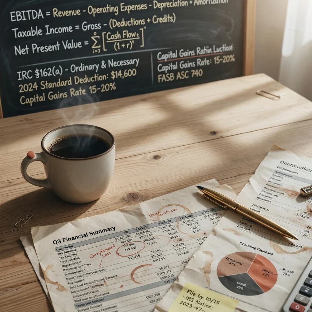 Elegant wide banner, 1590x400, for a professional accounting group. A close-up overhead view of a wooden table with a cup of black coffee, a gold-plated pen, and detailed financial reports with visible numbers. Soft natural lighting from a window. In the background, a blurred chalkboard with mathematical formulas and tax laws. Color scheme: warm beige, terracotta, and dark graphite. Texture: rough paper and smooth ceramic. Cozy but business-like atmosphere, photorealistic, empty space in the center for branding