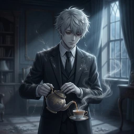 High-quality anime masterpiece, cinematic composition, a young man with pale ash-colored skin and melancholic eyes, dressed in a sharp, sophisticated dark formal suit. He is elegantly pouring tea from an ornate vintage tea set into a delicate porcelain cup. Fine, glowing grey ash is constantly shedding from his body and clothes, drifting through the air like falling snow. Moody and ethereal atmosphere, dramatic chiaroscuro lighting with soft moonlight filtering through a dark room. Intricate details on the tea steam, the texture of the porcelain, and the floating ash particles. Art style inspired by Makoto Shinkai and Studio MAPPA, highly detailed cel-shading, emotional and somber mood, 8k resolution, breathtaking visual storytelling.