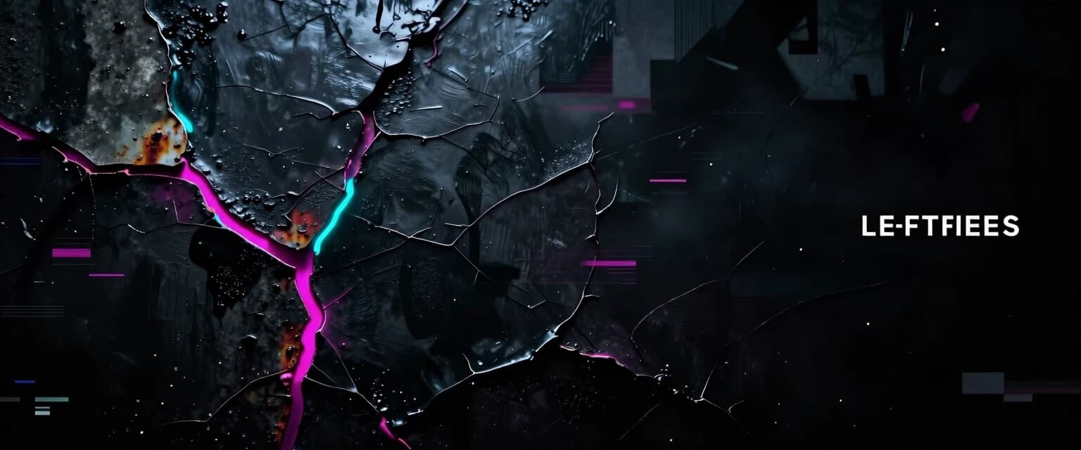 Dark, atmospheric leftfield bass album cover: abstract close-up of a textured surface with clean, non-anthropomorphic fissures and layered materials (matte black paint, oxidized metal, rough concrete), thin glowing veins of cold cyan and deep magenta light under the surface, subtle rust-like patina accents, low-key high-contrast lighting, heavy film grain and tactile detail, soft wet reflections and smoky haze, cinematic depth, melancholic and introspective mood, asymmetric composition with negative space on the right for title placement. Include faint, echo-like silhouettes or blurred geometric shapes in the background suggesting distant memories without depicting bodies. Style: gritty hyperrealism blended with painterly brushstrokes, slight glitch artifacts (scanlines, VHS distortion) used sparingly. high detail. Aspect ratio 1:1, version 5, quality 2, stylize 250. For SD, try CFG 7–10, denoising 0.45–0.6. Seed keywords: abstract fissure, oxidized metal, matte black, cyan glow, magenta rim, cracked paint texture, smoky haze, tactile grain, geometric echoes, leftfield bass cover.