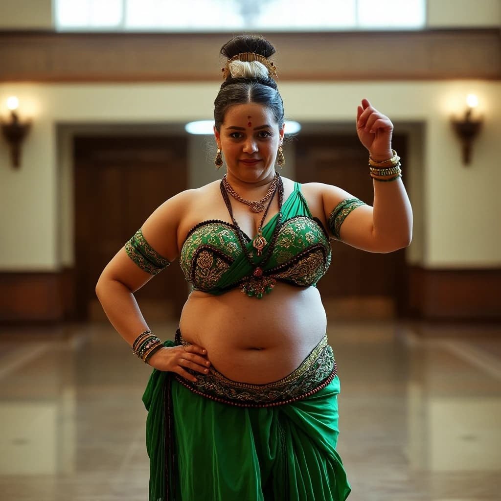front view chubby belly dancer fifty years woman in green costume brown short ponytail hair stand in hall
