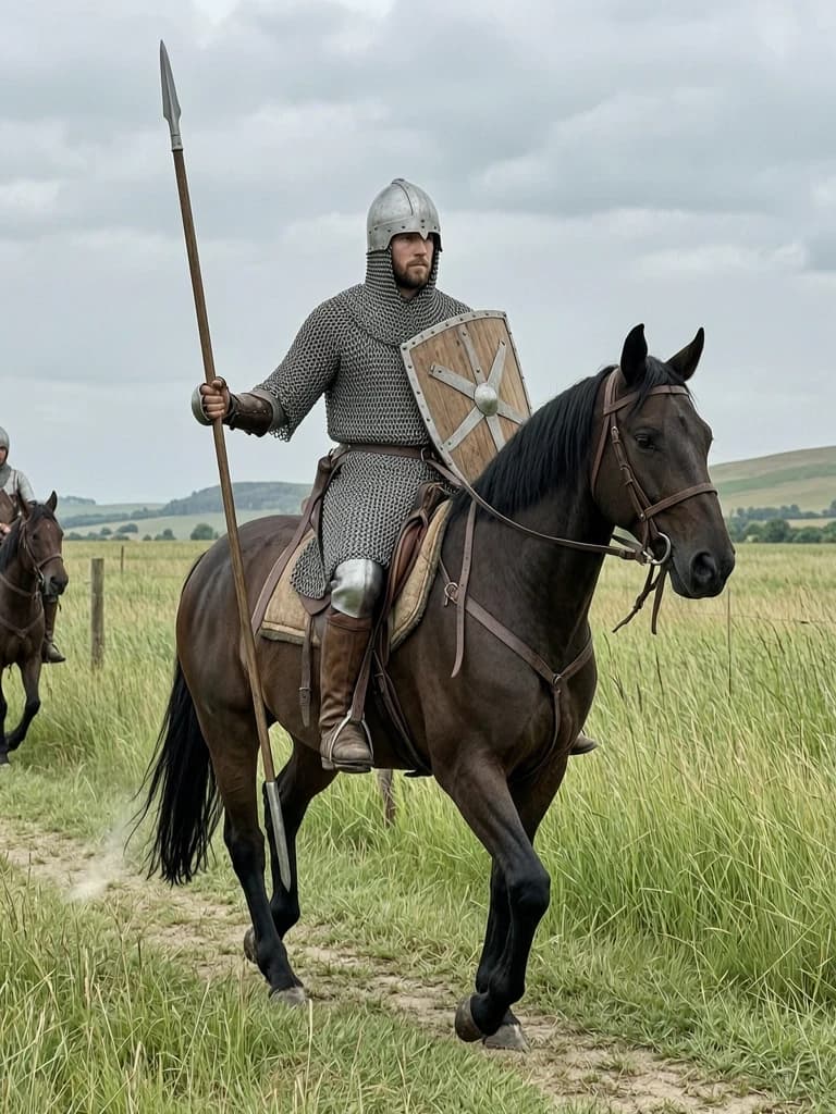 A knight in chain mail armor with a shield and spear rides a horse.