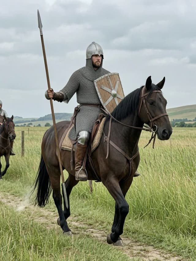 A knight in chain mail armor with a shield and spear rides a horse.