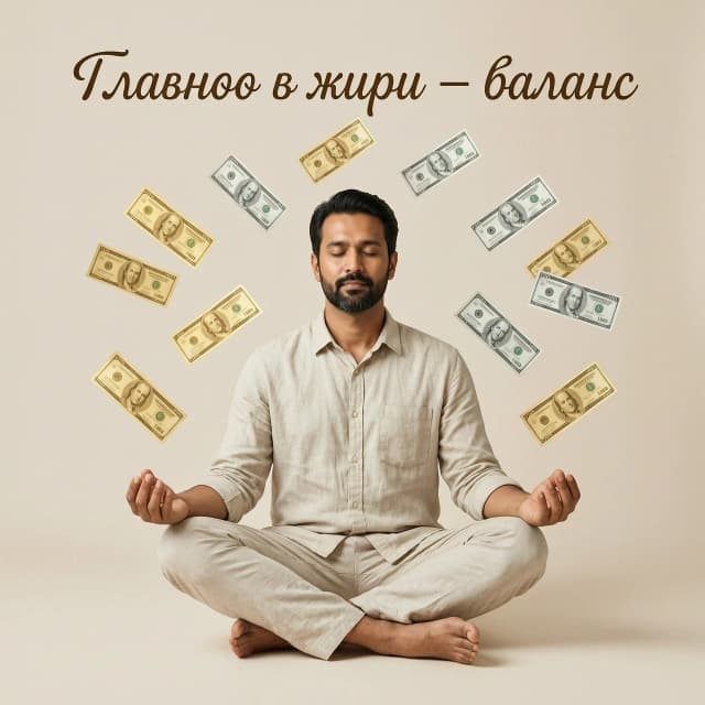 На изображении представлен мужчина, сидящий в классической позе лотоса. Эта поза символизирует спокойствие, гармонию и внутреннюю сосредоточенность. Вокруг медитирующего мужчины в воздухе парят денежные купюры различных номиналов. Купюры словно спускаются сверху, создавая ощущение потока благополучия и успеха.

Цветовая гамма:
Фон может быть выполнен в спокойных, нейтральных тонах — светло-бежевых или пастельных оттенках, чтобы не отвлекать внимание от главного элемента композиции. Сами купюры могут быть изображены в золотистых или серебристых тонах, подчёркивая их ценность и значимость.

Надпись:
Над изображением красивая надпись: «Главное в жизни — баланс».