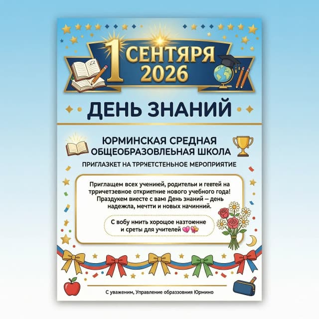 Объявление о школьном празднике 1 сентября 2026 Юрминская средняя общеобразовательная школа  приглашает на торжественное мероприятие посвященное Дню Знаний С собой иметь хорошее настроение и цветы для учителей.т