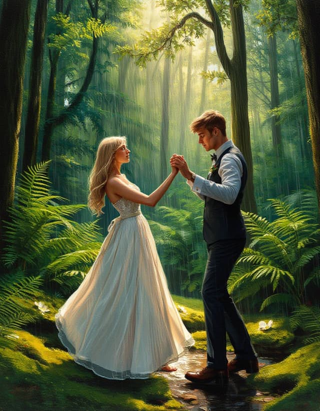 A masterpiece. Creating an image. Style - oil painting. ((A secluded forest clearing among ferns and moss, in the foreground a beautiful blonde girl and a handsome young man dancing together, holding hands, waltzing in the warm summer rain, the sun is shining:1.6)). High resolution. High detail and clear texture. Close-up. High quality. Increased attention to small details. The aspect ratio is 3:4. The artists are Levitan, Shishkin.