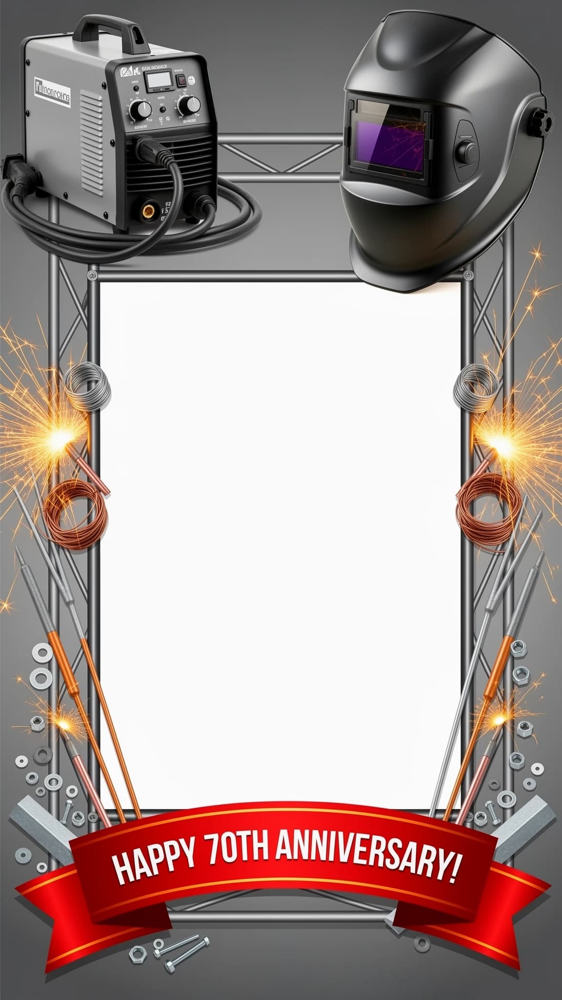 Create an A4-format illustration of a decorative congratulatory frame designed to hold a 10×15 cm photo in the center.
Layout:
* Top left corner: a detailed image of a compact welding machine (in a side view, showing the body, cable, and control panel).
* Top right corner: a close-up of a modern welder's protective mask (visor down, with a reflective surface).
* Frame border: intricately weave in thematic elements: bright sparks flying in arcs, several welding electrodes of different lengths, coiled welding wire, small metal parts (nuts, bolts, a piece of angle iron), and thin metal rods forming the frame's structure.
* Bottom center: place a festive congratulatory ribbon. On it, write the text "с 70‑летием!" in bold, clear capital letters.
Style: clean, modern industrial design with a touch of festivity. Use metallic grays, blacks, and silvers as the base, accented with bright orange and yellow sparks and a vibrant red ribbon. High detail, sharp focus.