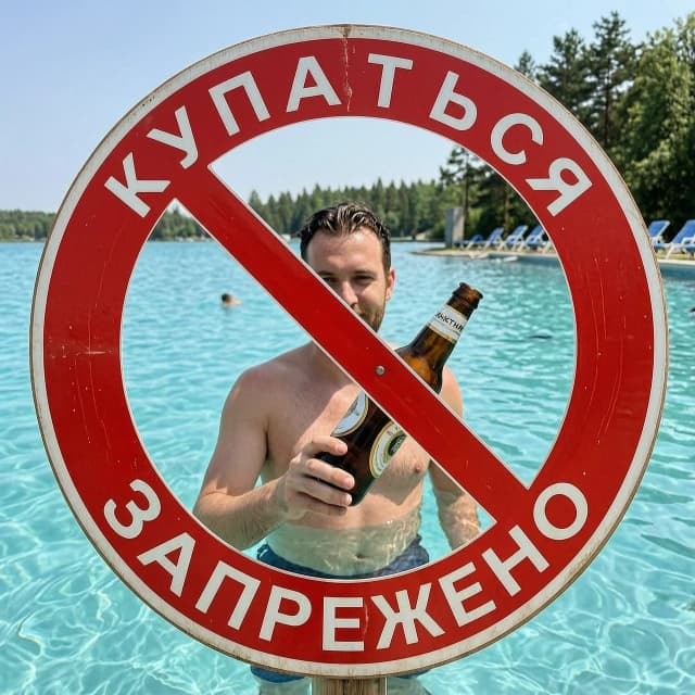 знак "купаться запрещено" внутри которого плавает человек с бутылкой пива
