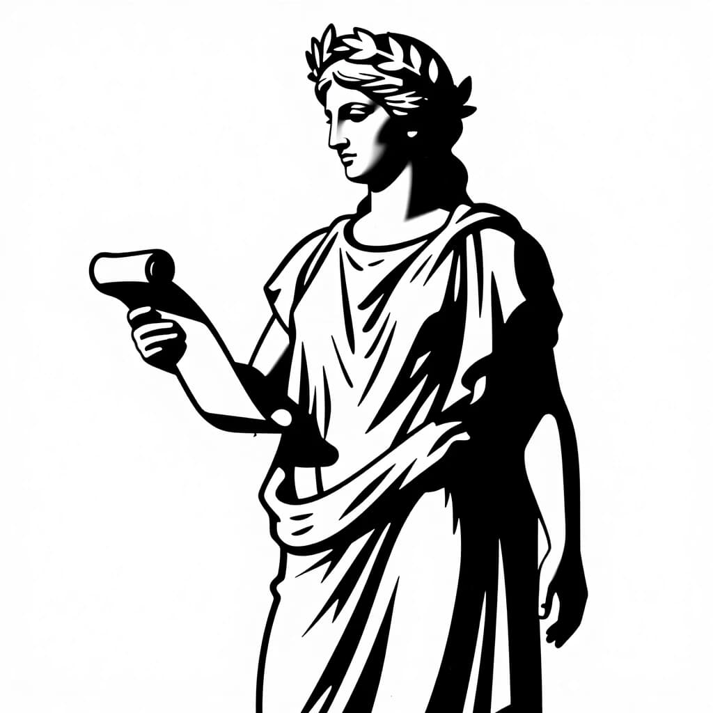 A black-and-white illustration, slightly from the side. The ancient Greek goddess Calliope, the patroness of epic poetry. In her hands — a single scroll, which reads as a simple cylindrical shape without fine patterns. The pose is calm and static, without complex drapery. Her hair is thick and gathered; she wears a laurel wreath on her head. The lighting is harsh, from the side: strong contrasts, clear shadows, minimal midtones. The style is a linear drawing with pronounced hatching, like an engraving or a linocut. Close‑up, full‑length figure. Focus on the silhouette and main volumes, without small details.
