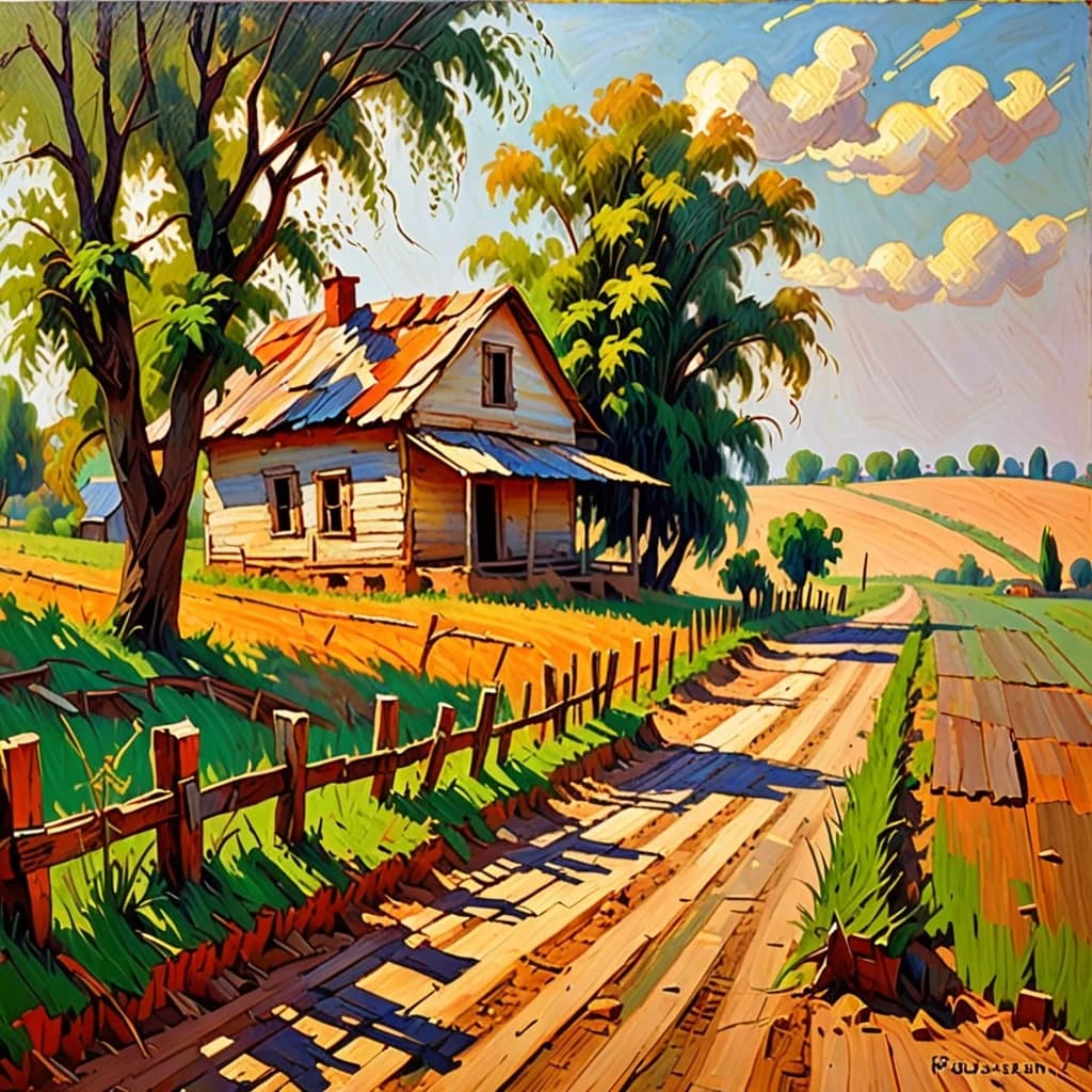 impressionist painting a modest rural plot.  The sun-warmed wood of an old house - rickety from time to time;  The road passing by is a dirt road, worn out by recent rains, but dried by the midday sun.  Sloping fences along the road, assembled from small boards, behind which grass has grown.  And a strange feeling of loneliness - as if everyone had left loose brushwork, vibrant color, light and shadow play, captures feeling over form, impasto painting, thick paint texture, raised brushstrokes, three-dimensional surface, expressive, heavy texture, sculptural paint, palette knife oil painting, bold strokes, thick texture, dramatic, expressive, chunky paint application, modern technique, 4K resolution, pastel colors, selective focus, cinematic lighting