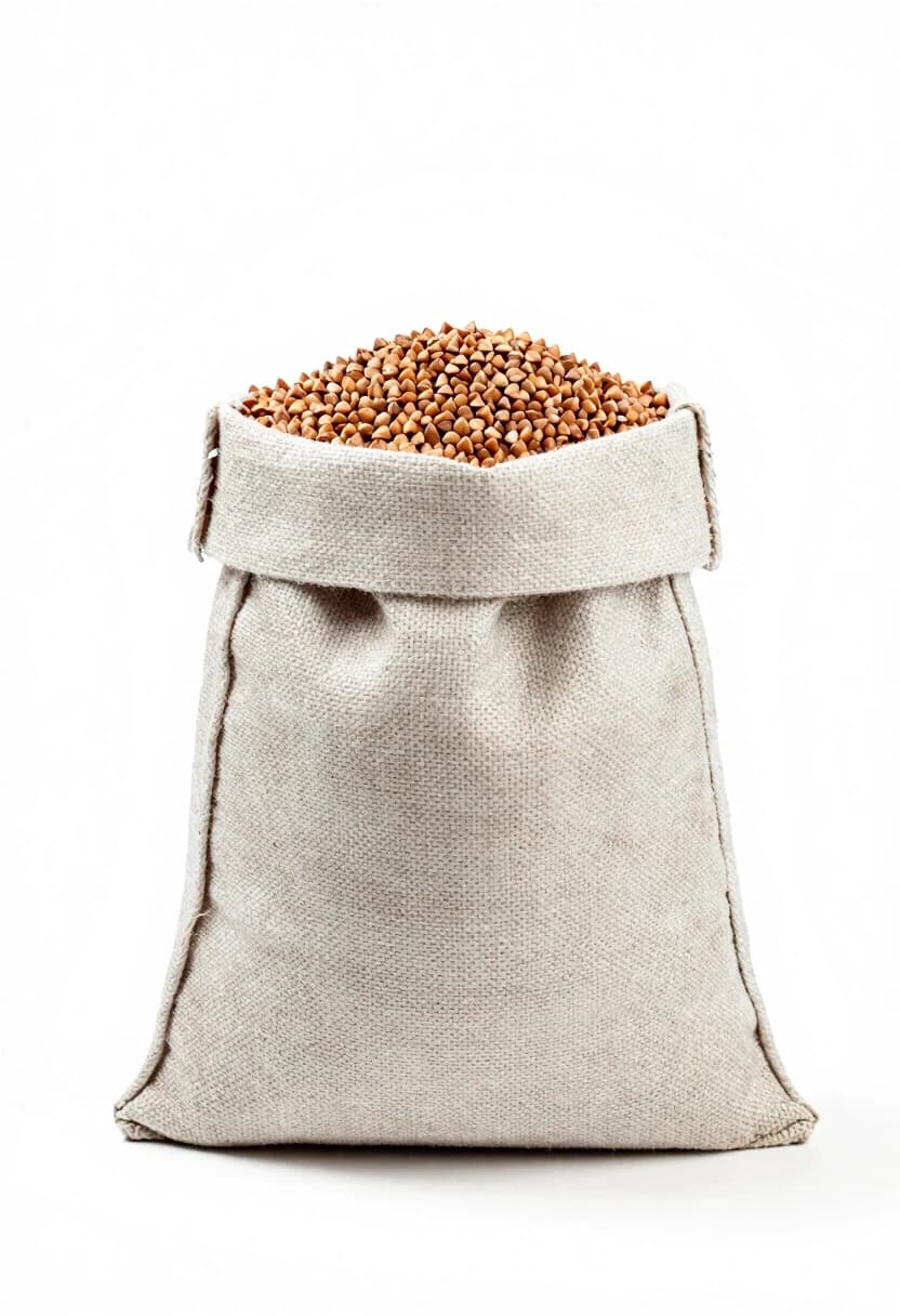 Professional graphics on a pristine white background. A tall, light-colored sack of buckwheat.