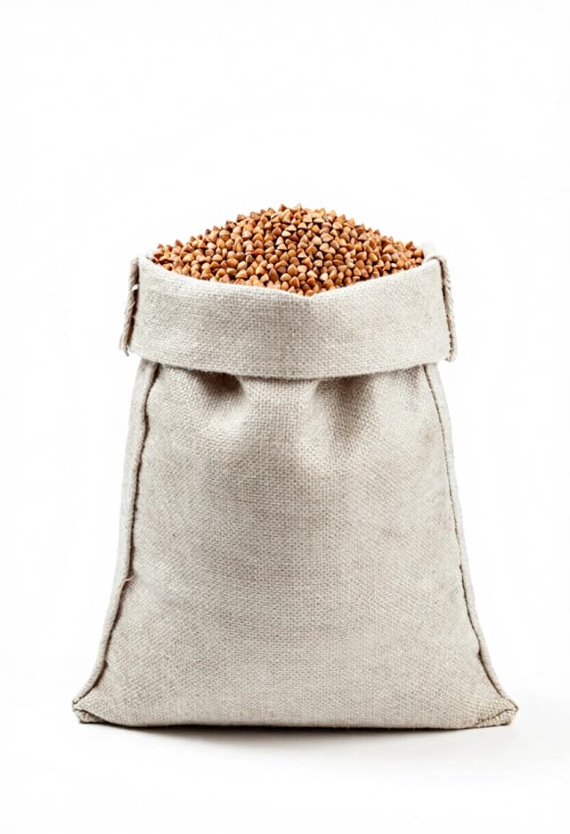 Professional graphics on a pristine white background. A tall, light-colored sack of buckwheat.
