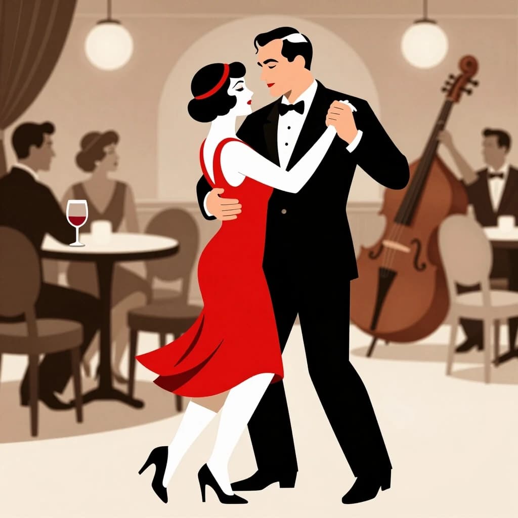 vintage jazz club illustration, 1920s style, couple dancing,  red wine. woman in red dress,  седой man in suit, sepia tones, detailed line art