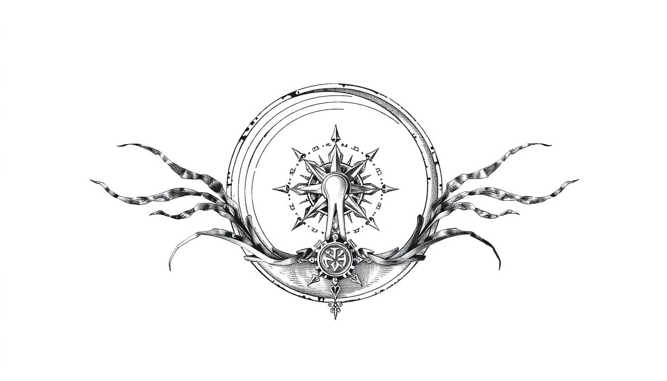 A symmetrical book chapter divider element, isolated on a solid white
background. In the exact center, there is a tiny, elegant mechanical gear shift
lever ornament with glowing mystical rune symbols carved around its base.
Delicate, thin waves and stylized sea kelp lines spread out horizontally to the
left and right from the center. Black and white ink line art, clean silhouette,
engraving style, sharp details, vector icon.