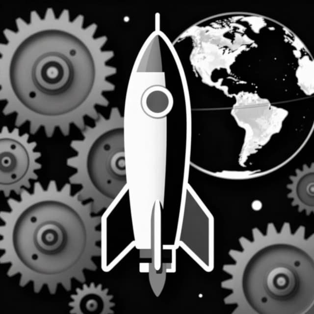 черно-белая картинка. фон абстрактный: машиностроение и космос, ракета схематично нарисована на фоне с шестеренками, орбита земли