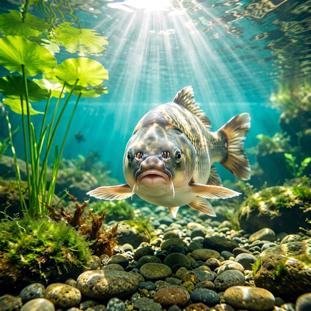 Photorealistic underwater shot of a large fish (resembling a carp or barbel) with prominent barbels, scales, and a pale belly. The fish is swimming directly towards the camera above a rocky riverbed. The bottom is covered with smooth pebbles of various sizes, fluffy green moss, and brown algae. On the left, tall bright green aquatic plants (resembling lily pads) are growing, reaching towards the surface. Bright sunbeams pierce through the clear turquoise water from above, creating a distinct "God rays" effect and water surface reflections. Peaceful atmosphere, sharp focus, detailed textures, macro aquarium photography, cinematic lighting, 8k, ultra-detailed.