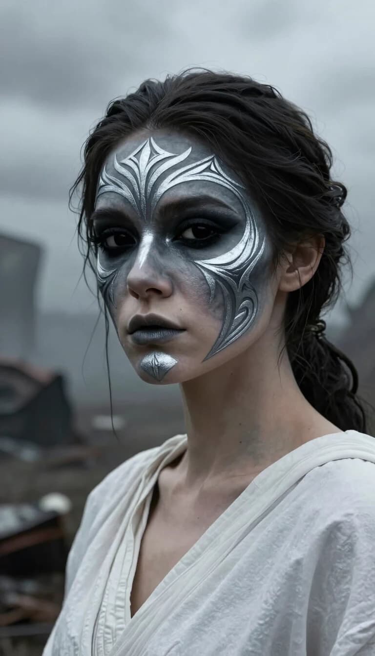 a realistic close-up 3/4 shot of an woman with full-black solid eyes, dressed with a white tunic, he's looking at the camera, detailed skin with monochrom ,beautiful silver symmetric  pattern cover gray face, in a dystopian world, cloudy and foggy weather, post-apocalyptic, canon 5d, 50 mm