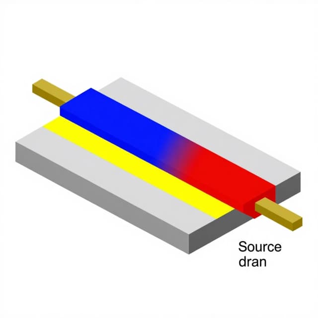 Schematic diagram of a single OFET device with bottom-gate top-contacts, PET substrate, Al gate, blue alumina dielectric, red organic semiconductor, yellow "Source " and "Drain" gold contacts, side view, labels, simple colors.