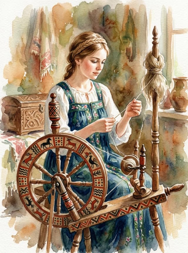 Watercolor painting is a true masterpiece of graphic style. ((Style: Mezen painting is one of the most ancient and original Russian folk crafts, originated at the end of the 19th century in the north of the Arkhangelsk region, in the Mezen district, near the White Sea. It is also called Palaschelskaya, after the village of Palaschelye, which was the center of this art. Black and red are the main colors: red (from baked clay) and black (from soot with larch resin). Sometimes white, blue or green appear in modern works.
Stylized images of animals: horses, deer, moose, ducks — all these are not just decorations, but symbols with deep meaning. For example, a duck is the sun going into the underwater kingdom, and a horse is the rising sun and prosperity.
Pagan symbols: the tree of life, spirals (symbol of the annual cycle), zigzags (water), a dot in a square — grain, fertility.
Geometric patterns are strict, repetitive, giving rhythm and dynamics to the drawing.
Three-tiered composition: There are animals (deer, horses) below, birds and animals in the middle, and only birds on top.
Objects: most often these are spinning wheels, boxes, chests, barrels, and today — souvenirs, dishes, murals.
An image of a spinning wheel with a Mezen painting and next to it a young, beautiful girl in a Russian costume sits spinning at this spinning wheel. The oldest known example is an 1815 spinning wheel with a black and red pattern. Surprisingly, the tradition dates back to the Finno-Ugric tribes, even before Christianity.)). Intense close-up. High resolution. High quality. Increased attention to small details. Hyper-realistic surrealist style, impressionism. Increased attention to the smallest details and texture. The author is Auguste Renoir.