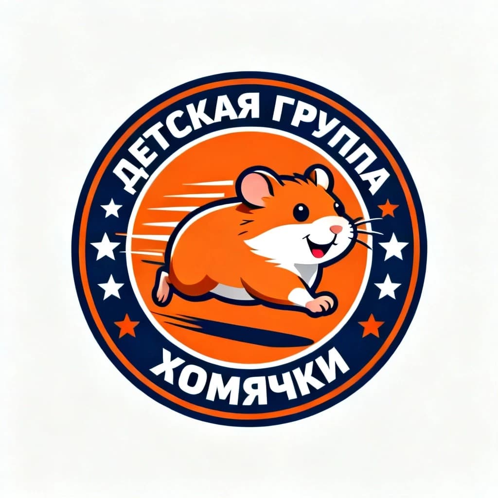 A modern, sleek round logo for a kids' sports team named "Hamsters". A vector illustration of a fast, smiling hamster running forward inside a circular badge. The color palette is vibrant orange, deep blue, and white to represent energy. The border of the circle features geometric stars and speed lines. At the top of the ring, it says "ДЕТСКАЯ ГРУППА", at the bottom "ХОМЯЧКИ" in a bold, athletic sans-serif font. Style: Flat vector design, minimalistic, clean lines, professional brand identity, white background, 4k.