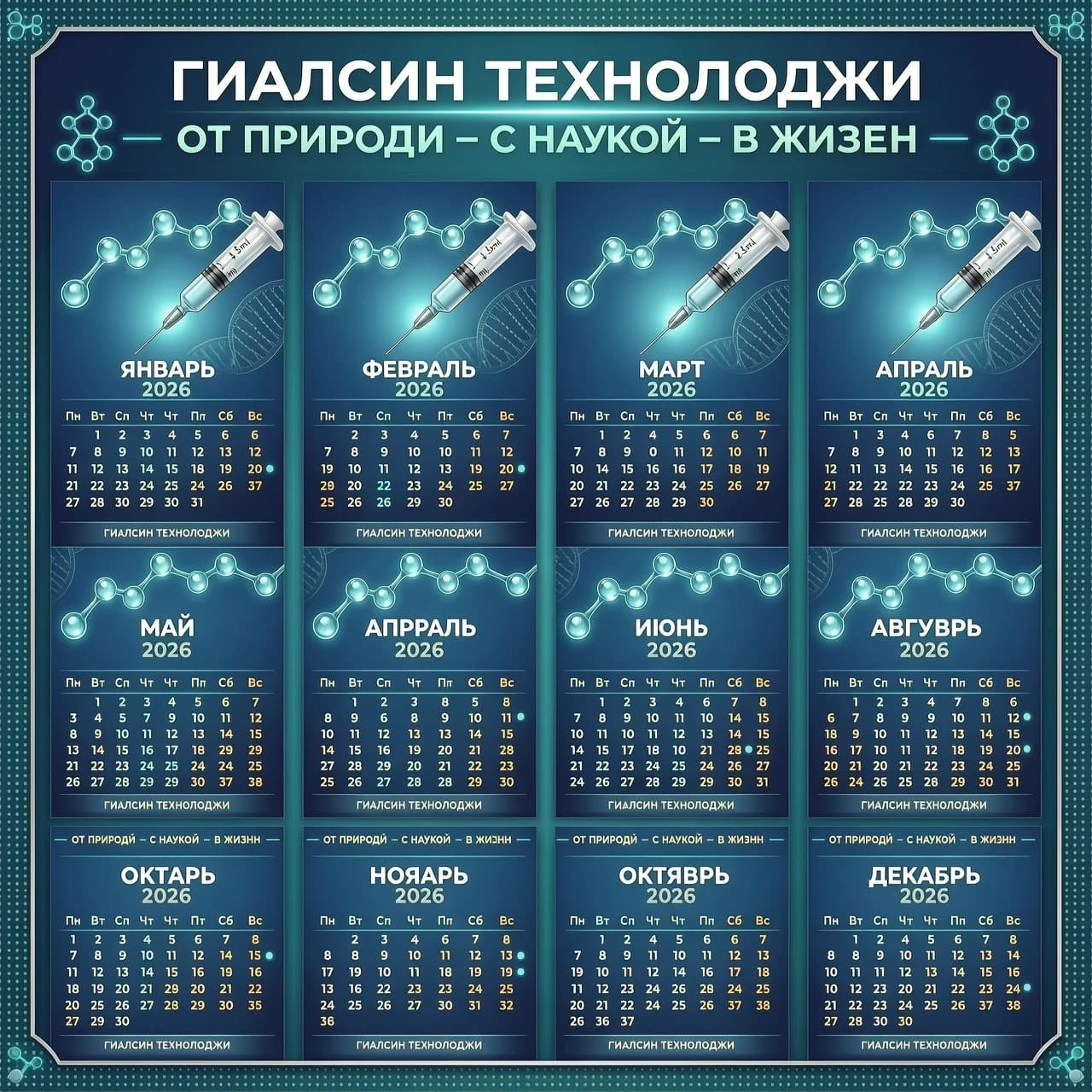 Создать годовой календарь на 2026 год, по месяцам.  Для компании ГИАЛСИН ТЕХНОЛОДЖИ
Использовать этот слого ОТ ПРИРОДЫ - С НАУКОЙ - В ЖИЗНЬ
ГиалСин Технолоджи компания, которая специализируется на разработке, производстве и внедрении в медицину высококачественных инъекционных препаратов гиалуроновой кислоты.
Используя сырьё от мирового лидера биотехнологий, компания выпускает препараты для коррекции регенераторных процессов и восстановления локального тканевого гомеостаза, предназначенные для лечения остеоартроза и заболеваний, связанных с дистрофией соединительной ткани (изменением её структуры и функции) в травматологии, ревматологии, офтальмологии, гинекологии, хирургии, стоматологии, неврологии. Использовать картинки с молекулами и шприцом.