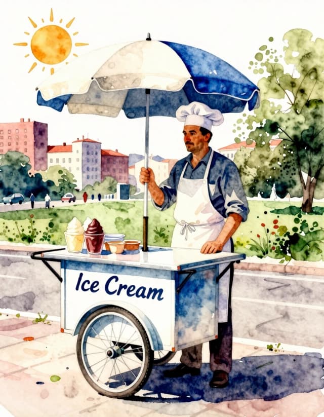 A masterpiece. Create an image. The style is watercolor painting. (( Image. The street ice cream vendor is a man about 40 years old in a white chef's hat and a white apron with a (retro-cart:1,6), an inscription on a cart ("ice cream"), with an umbrella from the sun, against the backdrop of an urban landscape in a park:1.6)), clear edges, clear textures, volumetric composition, studio lighting, author's style, 8k resolution. High detail and clear texture. Close-up. High quality. Increased attention to small details. The aspect ratio is 3:4. The artist is Aivazovsky.
