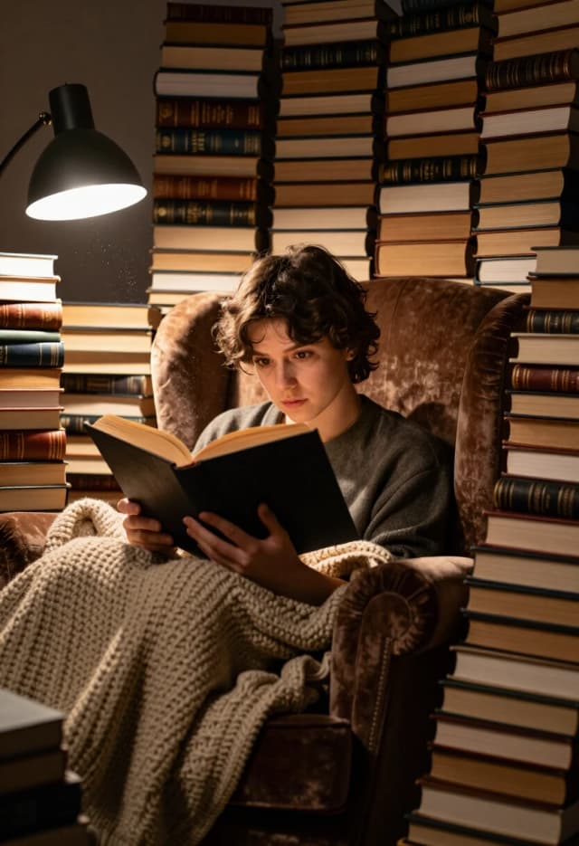 Hyper-realistic close-up shot of a person completely immersed in a book, curled up in a huge, oversized velvet armchair. They are surrounded by towering, unstable stacks of books that form a literal wall around them, creating a cozy sanctuary. Soft, warm light from a nearby floor lamp illuminates the yellowed pages and the intense, focused expression on the reader's face. Detailed textures of old paper, leather bindings, and a knitted wool blanket. Dust motes dancing in a single beam of light. 8k resolution, shallow depth of field, intimate and quiet atmosphere.