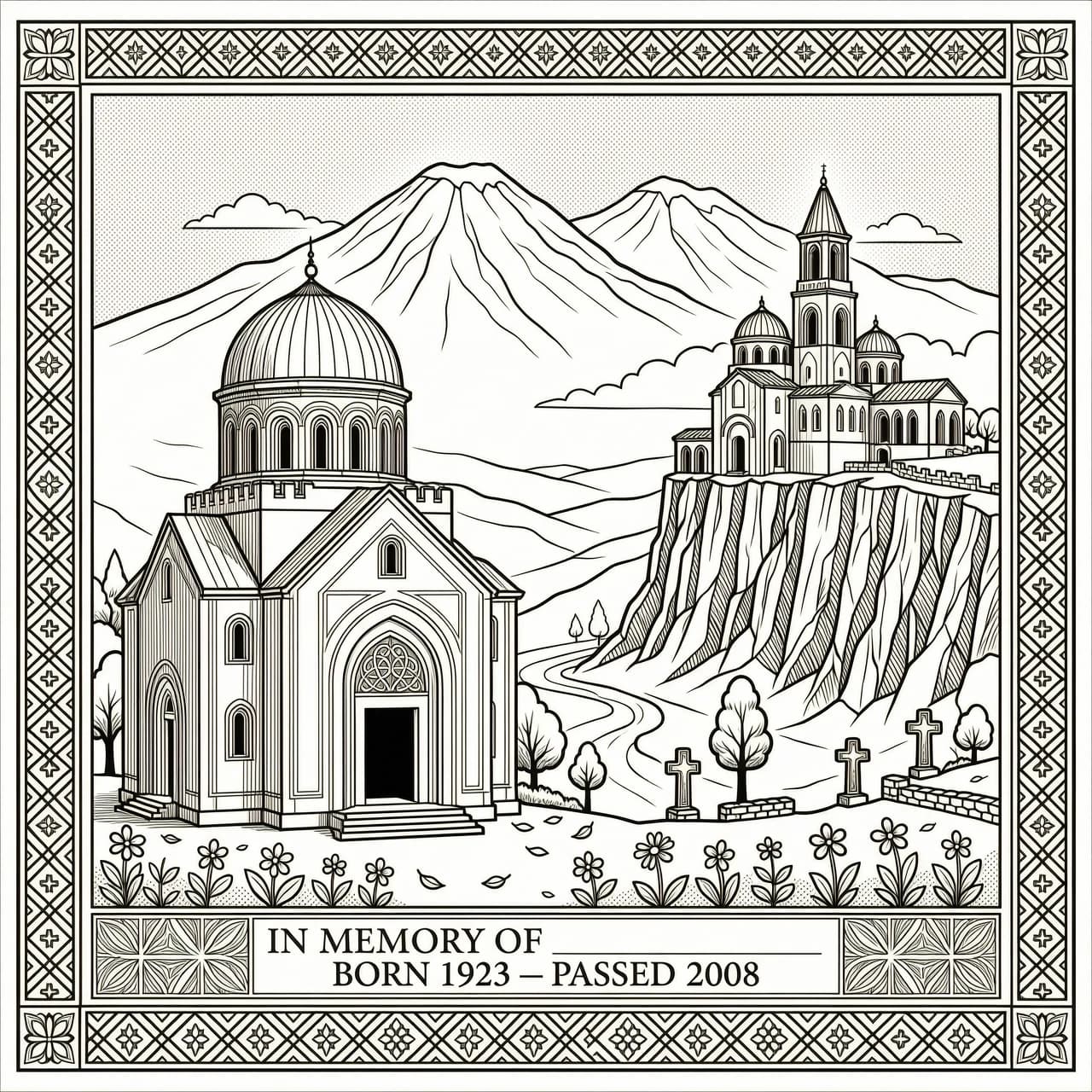 Engraving for a headstone, black and white line art, high contrast. The composition shows two Armenian churches: Saint Gayane Church on one side and Tatev Monastery on its iconic cliff on the other. In the distant background, the silhouette of Mount Ararat. The entire scene is framed by a traditional Armenian geometric ornament. Clean, elegant, respectful, vector style. --no color