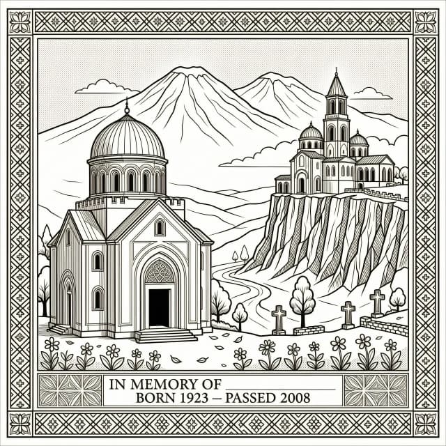 Engraving for a headstone, black and white line art, high contrast. The composition shows two Armenian churches: Saint Gayane Church on one side and Tatev Monastery on its iconic cliff on the other. In the distant background, the silhouette of Mount Ararat. The entire scene is framed by a traditional Armenian geometric ornament. Clean, elegant, respectful, vector style. --no color