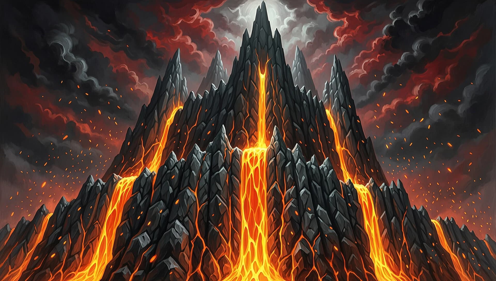 Dark fantasy oil painting artwork, widescreen 16:9 layout. A majestic and terrifying artistic illustration of Angband, the iron fortress of Morgoth. In the center, the three colossal jagged peaks of Thangorodrim are rendered with heavy, textured paint strokes against a swirling pitch-black and blood-red stormy sky. Glowing rivers of thick orange magma cascade down massive black stone walls, painted with rich impasto textures and sharp high-contrast highlights. Embers and dramatic sparks float through the dark, smoky air, creating a deep sphere of inspiration. Moody, epic fantasy book cover style, dramatic fine art lighting, ultra-detailed textures, 8k resolution. NO 3D render look, NO faces, clean artistic composition